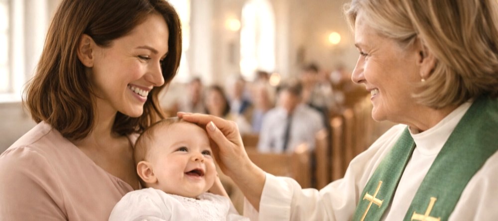 Et nærbilde av en baby kledd i en hvit dåpskjole, liggende på et mykt, hvitt underlag. Babyen har blå øyne og holder hendene nær munnen, med et uttrykk som signaliserer undring eller nysgjerrighet. Foto.